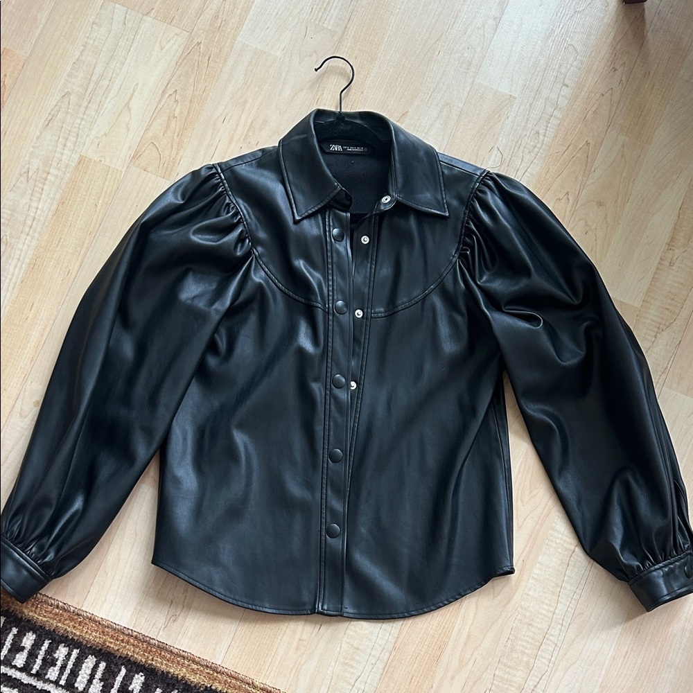 Zara Black Faux Leather Shirt with Puff Sleeves